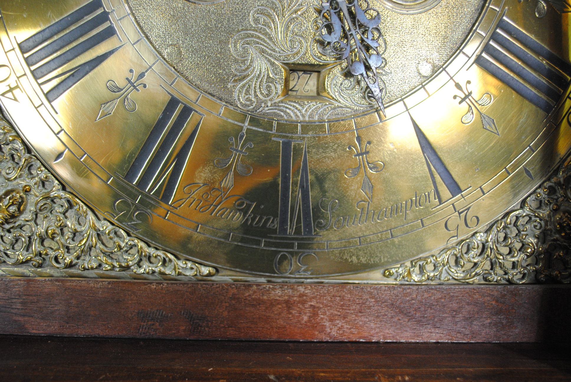 A Georgian mahogany chiming longcase clock, with brass dial named to 'Fri-Hawkins, Southampton', - Image 7 of 12