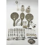 A collection of silver and silver plated items including six pairs of silver plated fish knives &