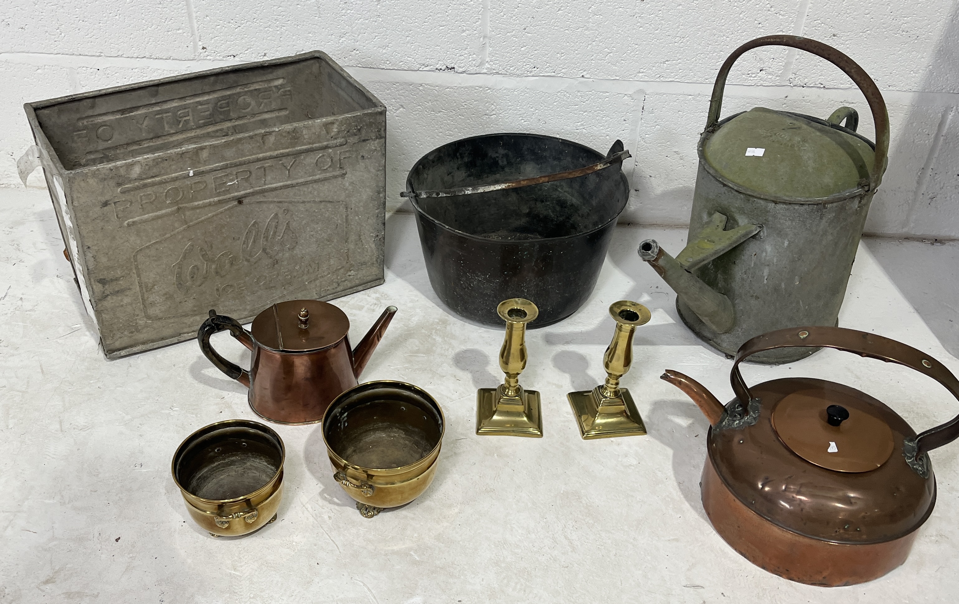 A collection of various items including galvanised Walls tub, brass candlesticks, copper kettle etc. - Image 2 of 2