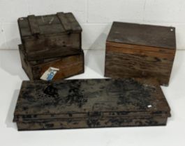A collection of three vintage crates, two marked for Chard Junction, along with J Hoare & Co.