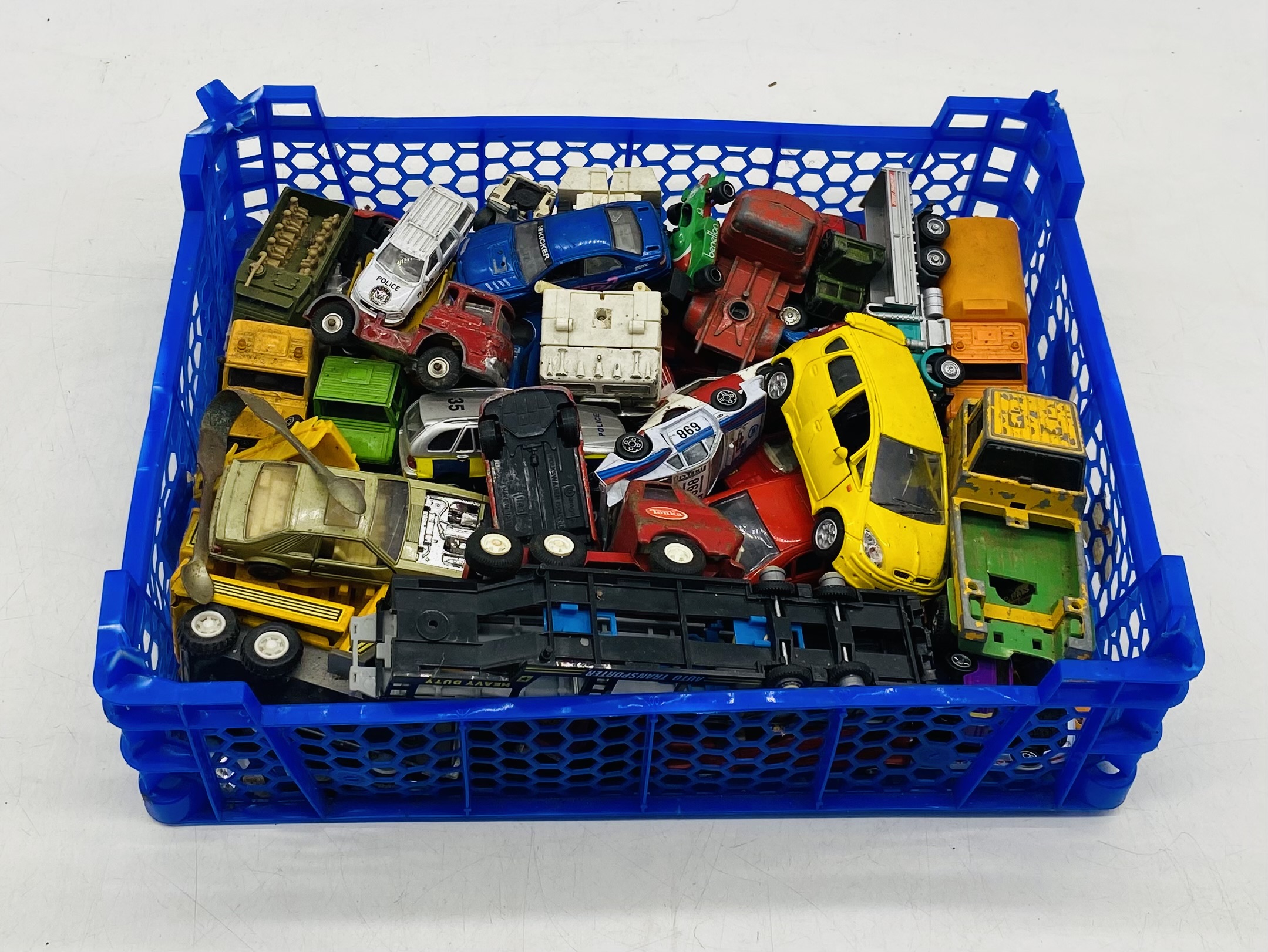 Three small crates of playworn die-cast vehicles including Matchbox, Lesney, Burago, Corgi Toys, - Image 2 of 4
