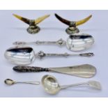 A pair of SCM anointing spoons, silver plated knife rests formed from antler, silver ladle etc.