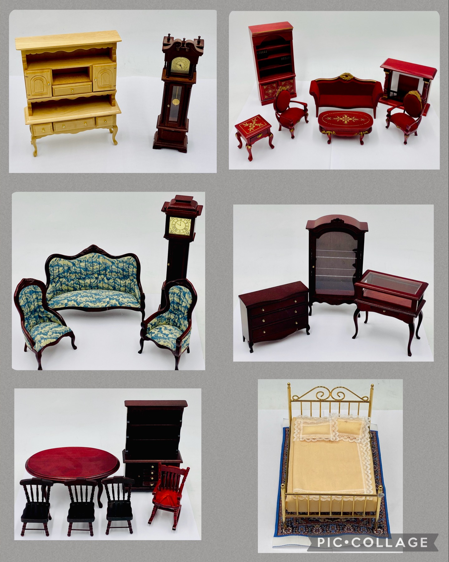 A collection of dolls house furniture (mainly mahogany style) including grandfather clock, dining