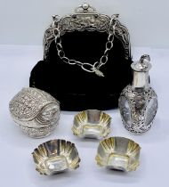 Three hallmarked silver salts along with an SCM eastern box in the form of a turtle, an SCM