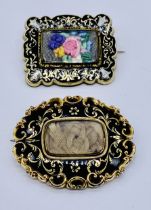 Two yellow metal enamelled memorial brooches, one with wool work inset, inscribed to reverse "Jemima