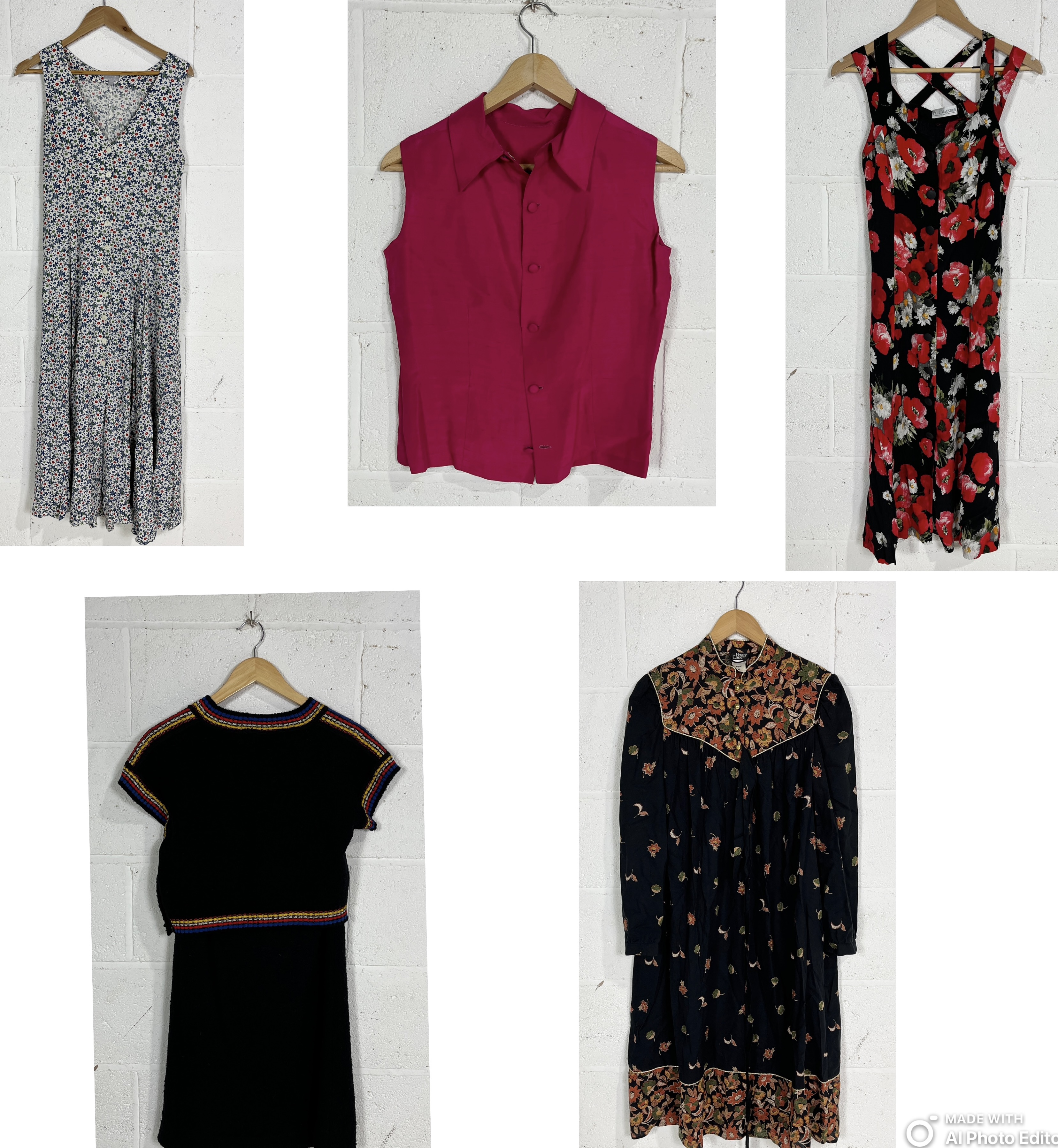 A collection of vintage clothing including Esprit dress, Peggy Lane floral dress, Lucia Twenty Seven