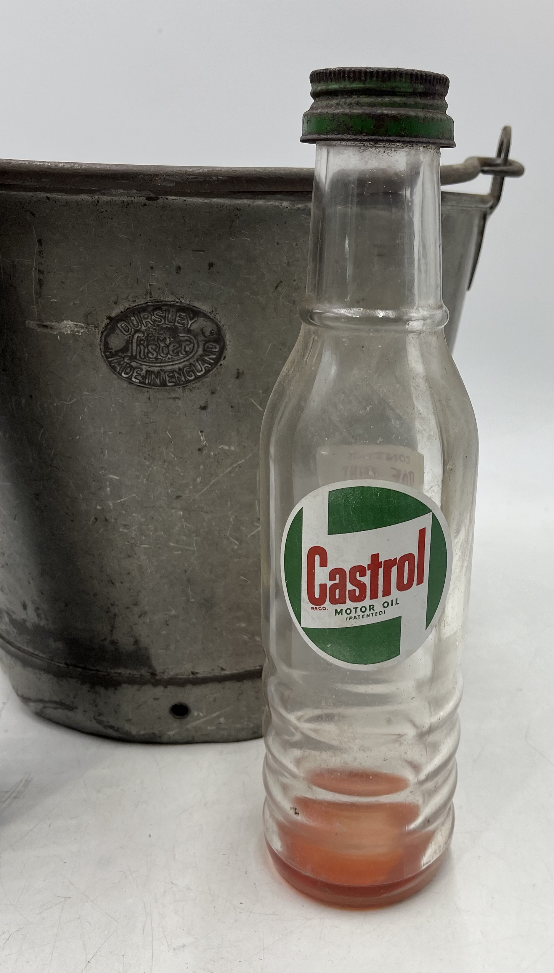 A galvanised Lister bucket along with a Castrol Motor Oil bottle and an Esso lube bottle. - Image 8 of 8