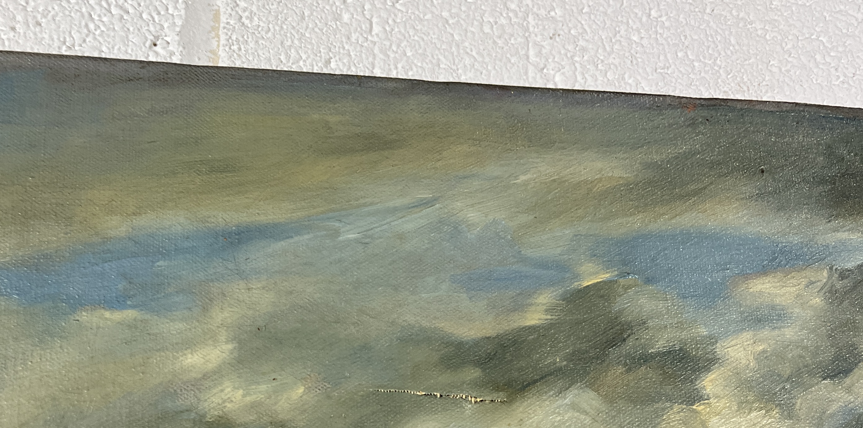 A large oil unsigned on canvas of a rural valley with flowers in the foreground, small tear in - Image 2 of 3