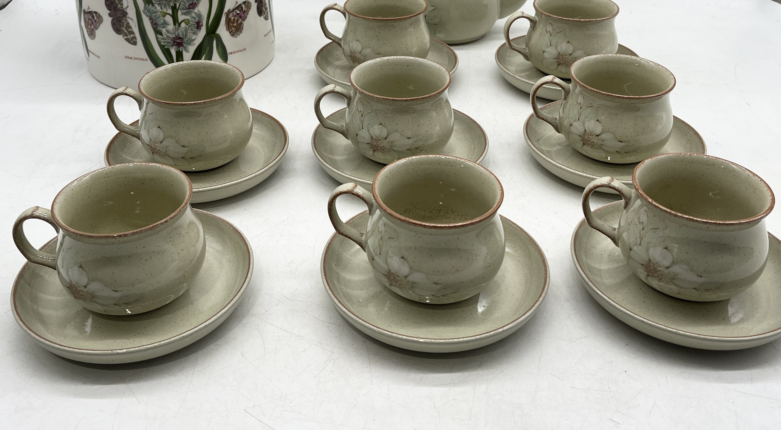 A Denby part tea set with teapot and eight cups and saucers along with a Portmeirion planter - Image 2 of 3