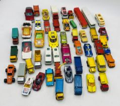 A small collection of play worn die-cast vehicles including Matchbox, Lesney, Speed Kings, Dinky