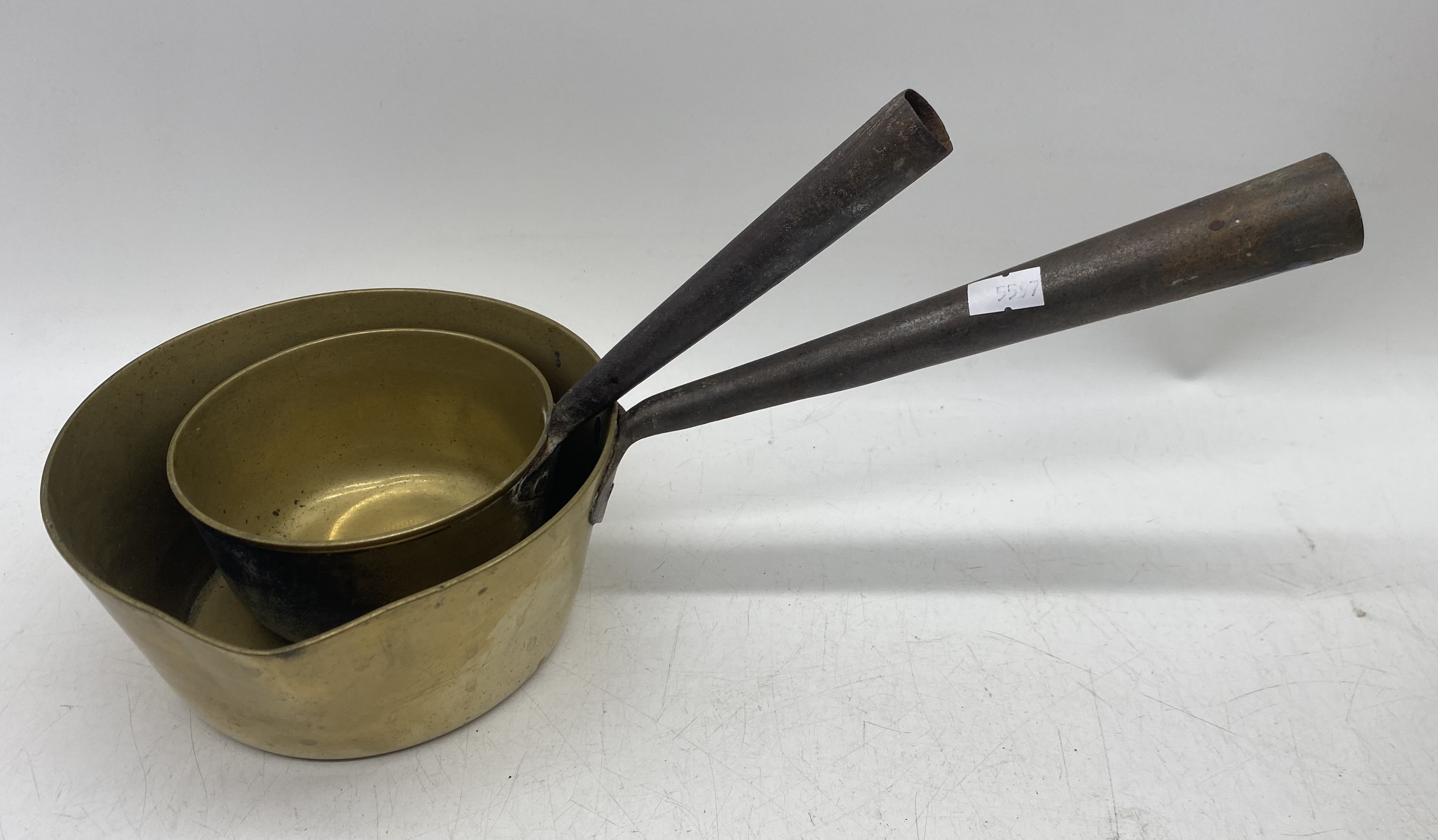 A brass jam pan, two brass watering cans, saucepans etc. - Image 9 of 13
