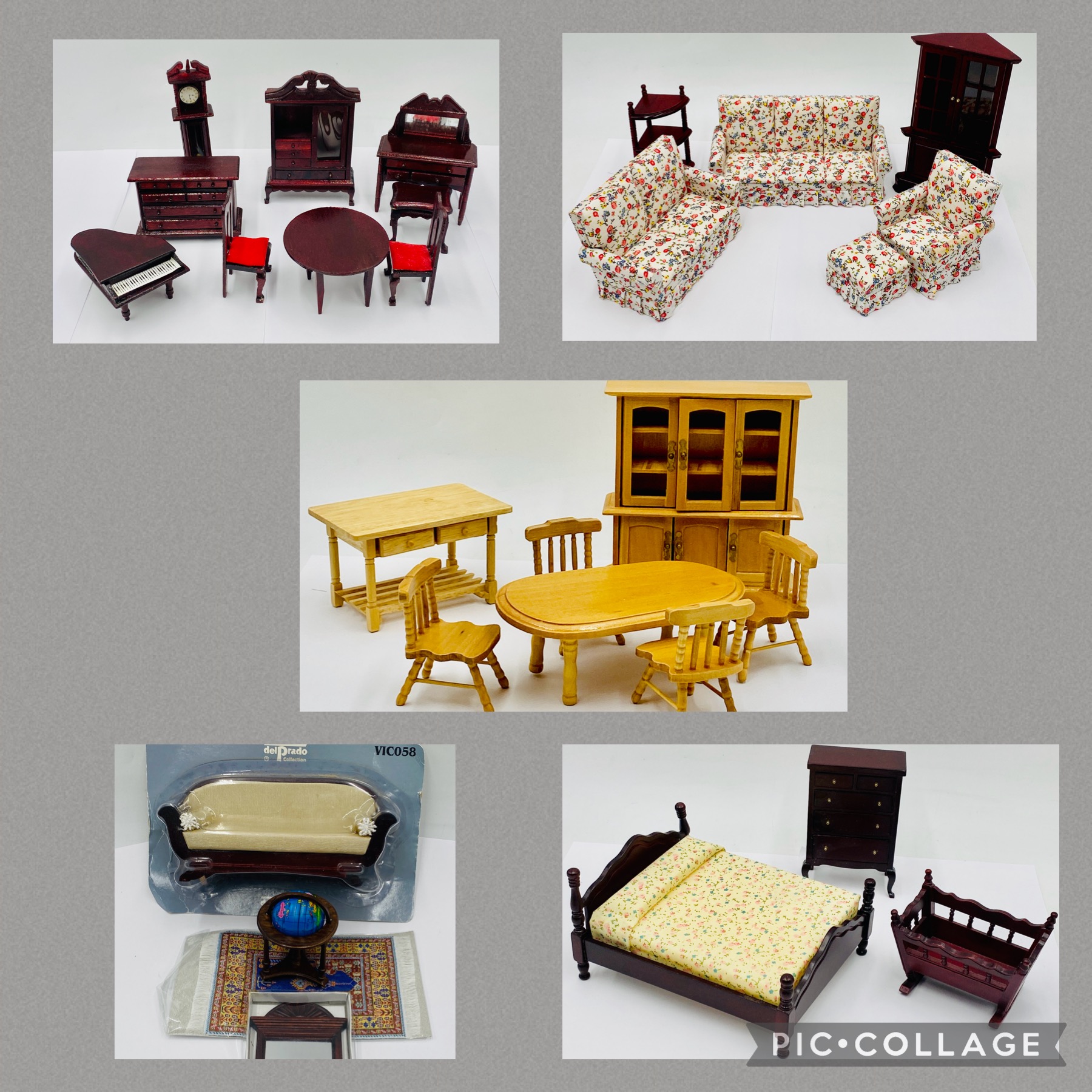 A collection of dolls house furniture including a floral three-piece suite, dining table and chairs,