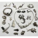 A collection of 925 silver and similar jewellery all animal themed