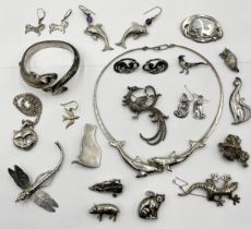 A collection of 925 silver and similar jewellery all animal themed