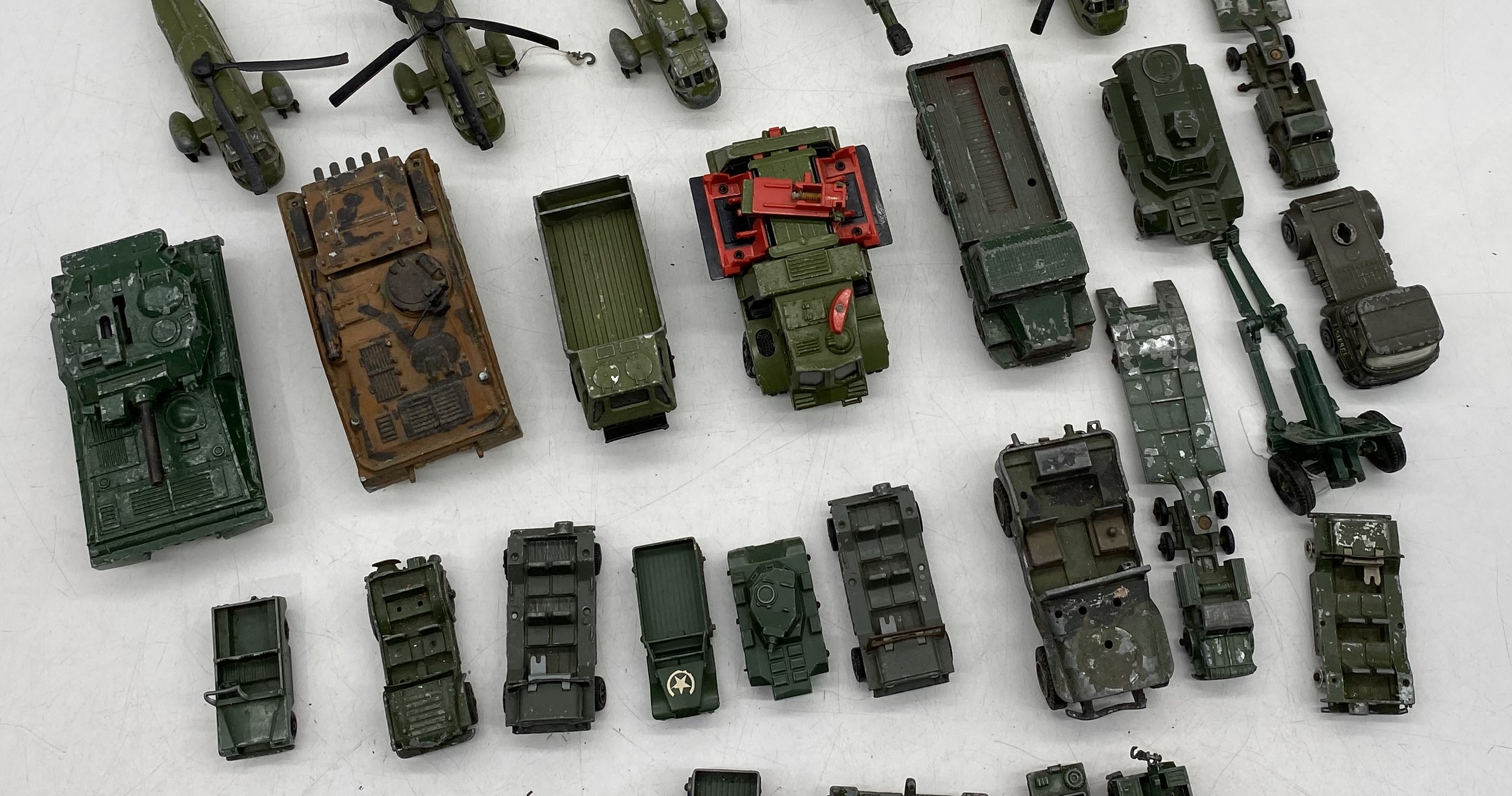 A collection of playworn die-cast military vehicles including tanks, helicopters, fighter jets, - Image 3 of 5
