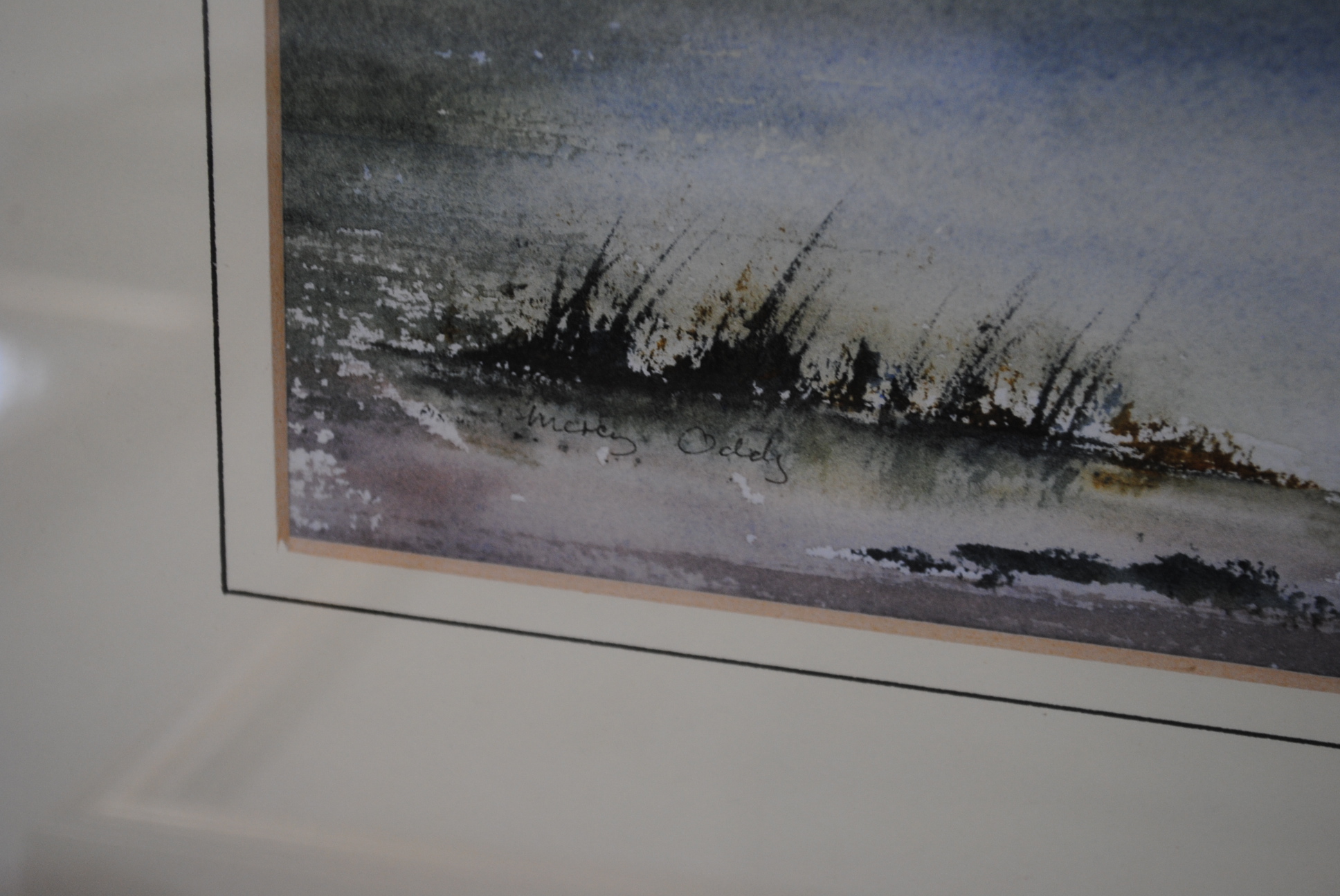 Five framed paintings, comprising two landscape watercolours signed 'Mercy Oddy', two landscape - Image 5 of 14