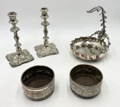 A pair of Georgian style silver plated candlesticks, a Mappin & Webb Princes plate grape stand