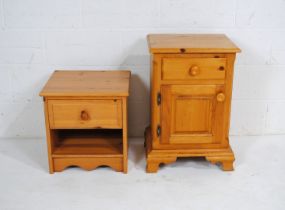 A modern pine bedside cabinet, with single drawer and cupboard under, along with one other similar -