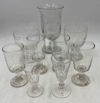 A collection of antique glassware including rummers, celery vase etc.