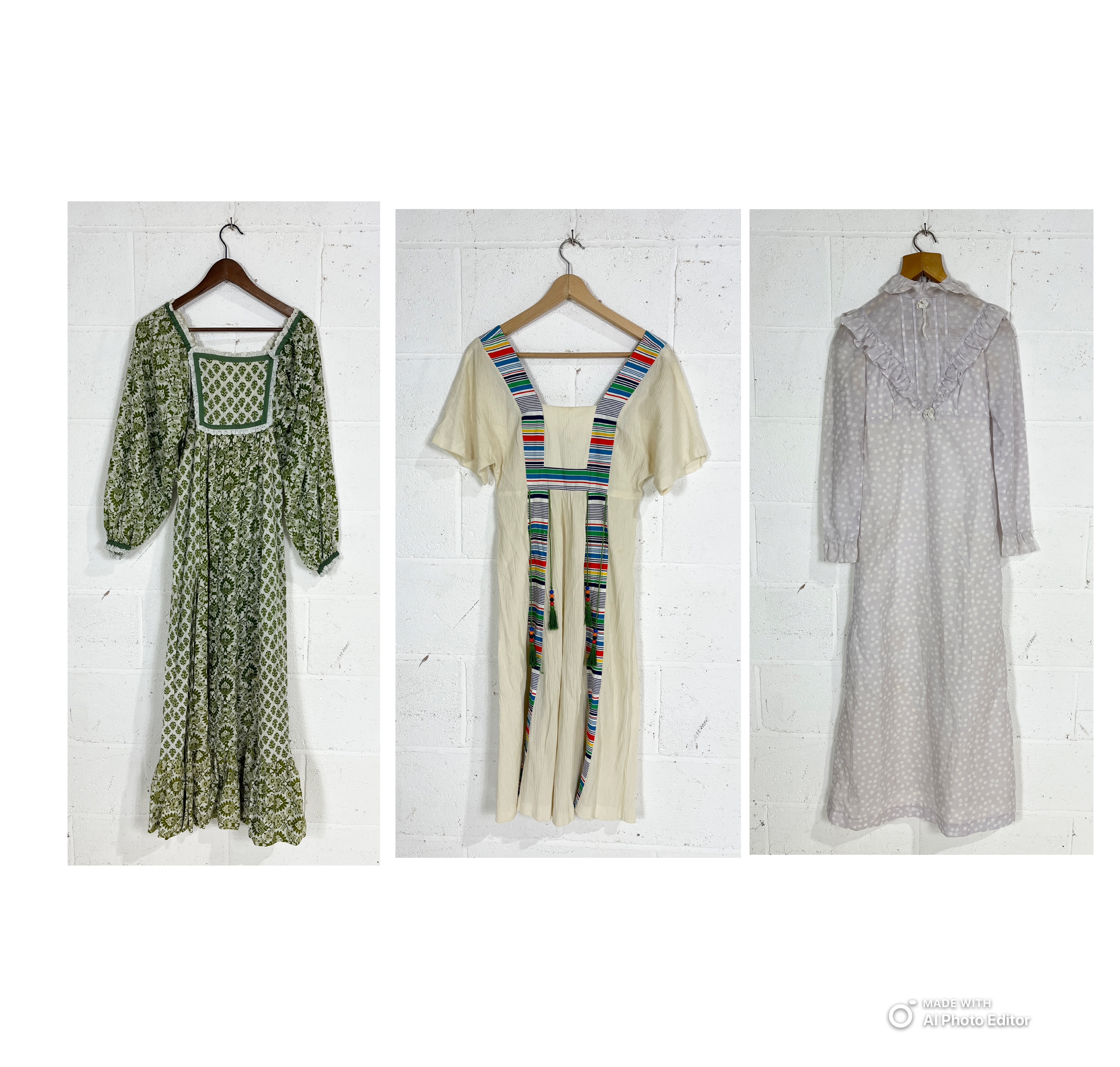 Three vintage 1970's full length dresses including an Earlybird prairie dress, Mister Ant striped