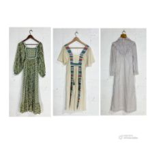 Three vintage 1970's full length dresses including an Earlybird prairie dress, Mister Ant striped
