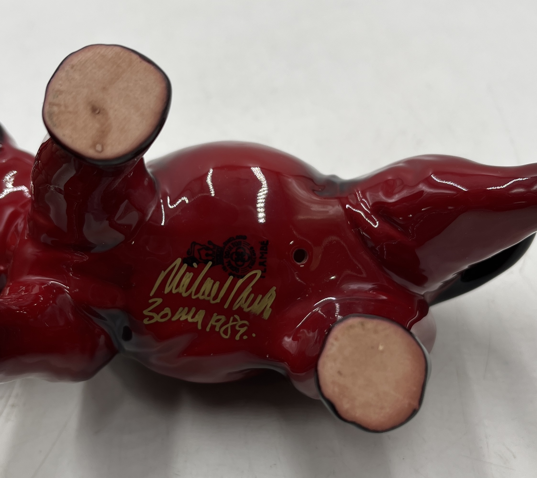 A Royal Doulton Flambe elephant with raised trunk signed by Michael Doulton in gold to the base - Image 4 of 4