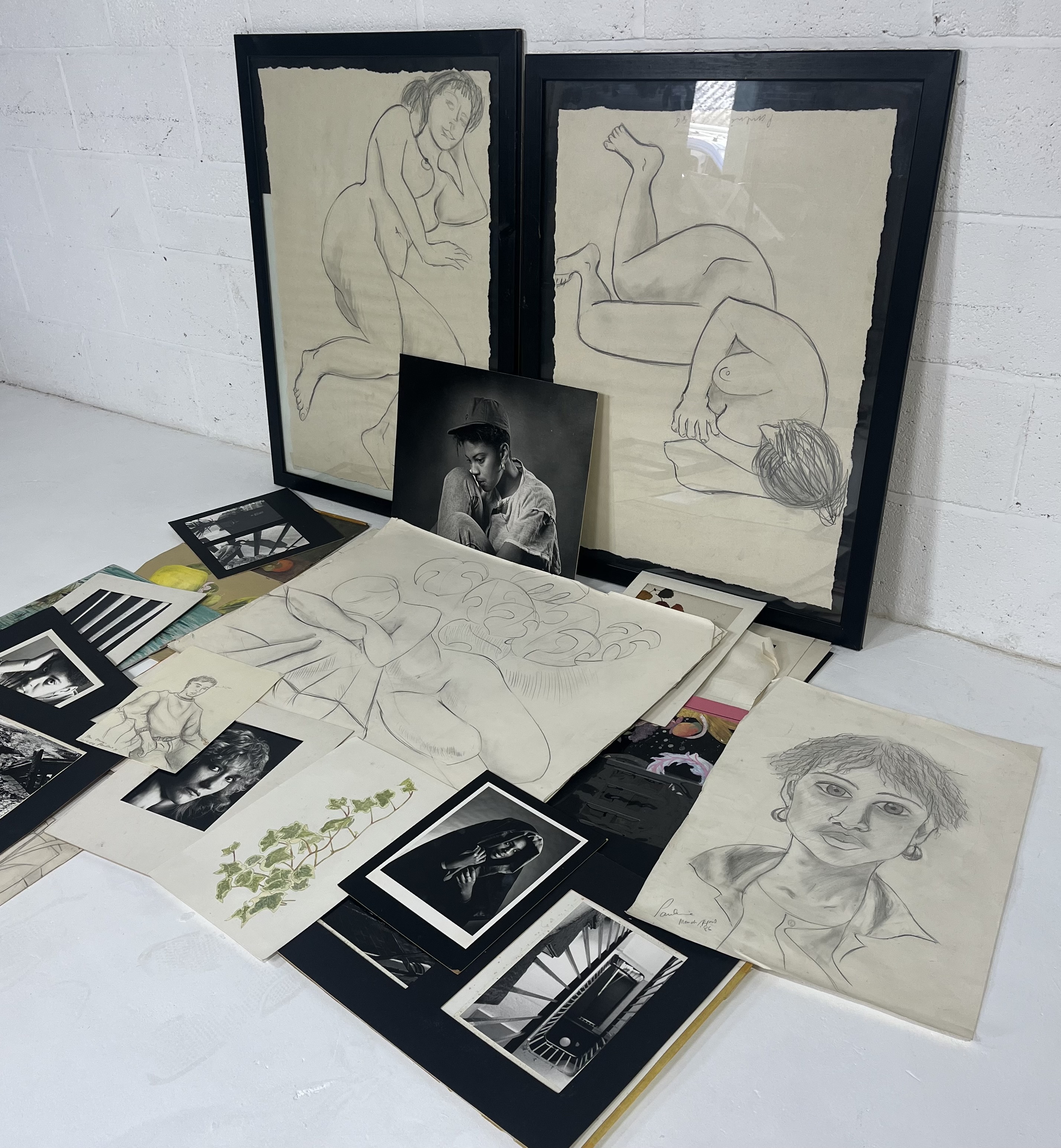 Two framed sketches of nudes along with a portfolio of sketches, photography, paintings and mixed - Image 2 of 4