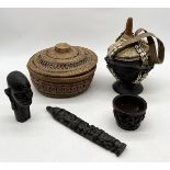 A collection of African items including Ethiopian basket, carved wooden bowl etc.