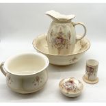 A Crown Devon blush coloured jug and bowl set with chamber pot, brush pot and soap dish