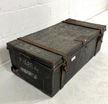 A large weathered vintage tin trunk, marked Major W A Knapton R.A.S.C (Royal Army Service Corps)