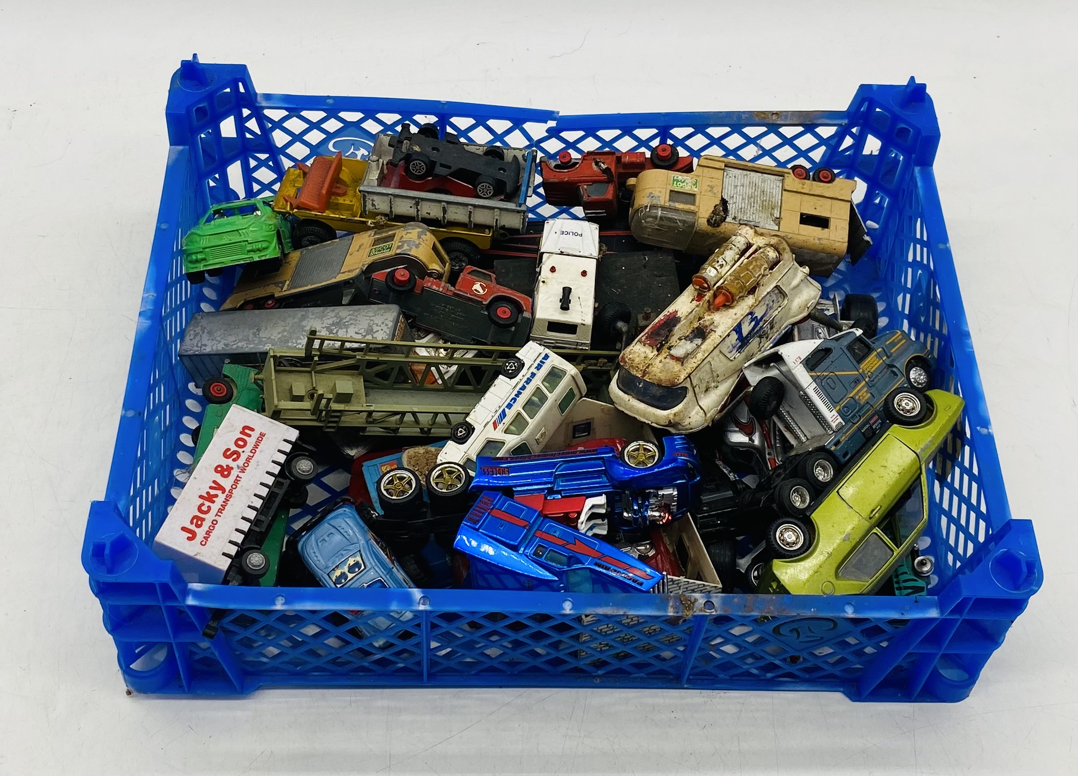 Three small crates of playworn die-cast vehicles including Matchbox, Lesney, Burago, Corgi Toys, - Image 3 of 4