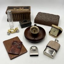 A collection of various items including carved wooden box, hipflask etc.