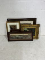 A collection of framed assorted prints to include a Switzerland town scene, gilt framed picture of