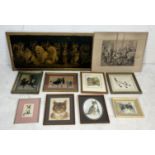 A large collection of pictures on the subject of cats including Louis Wain Oleograph print "Cats