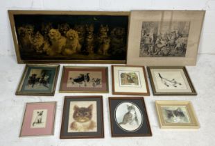 A large collection of pictures on the subject of cats including Louis Wain Oleograph print "Cats