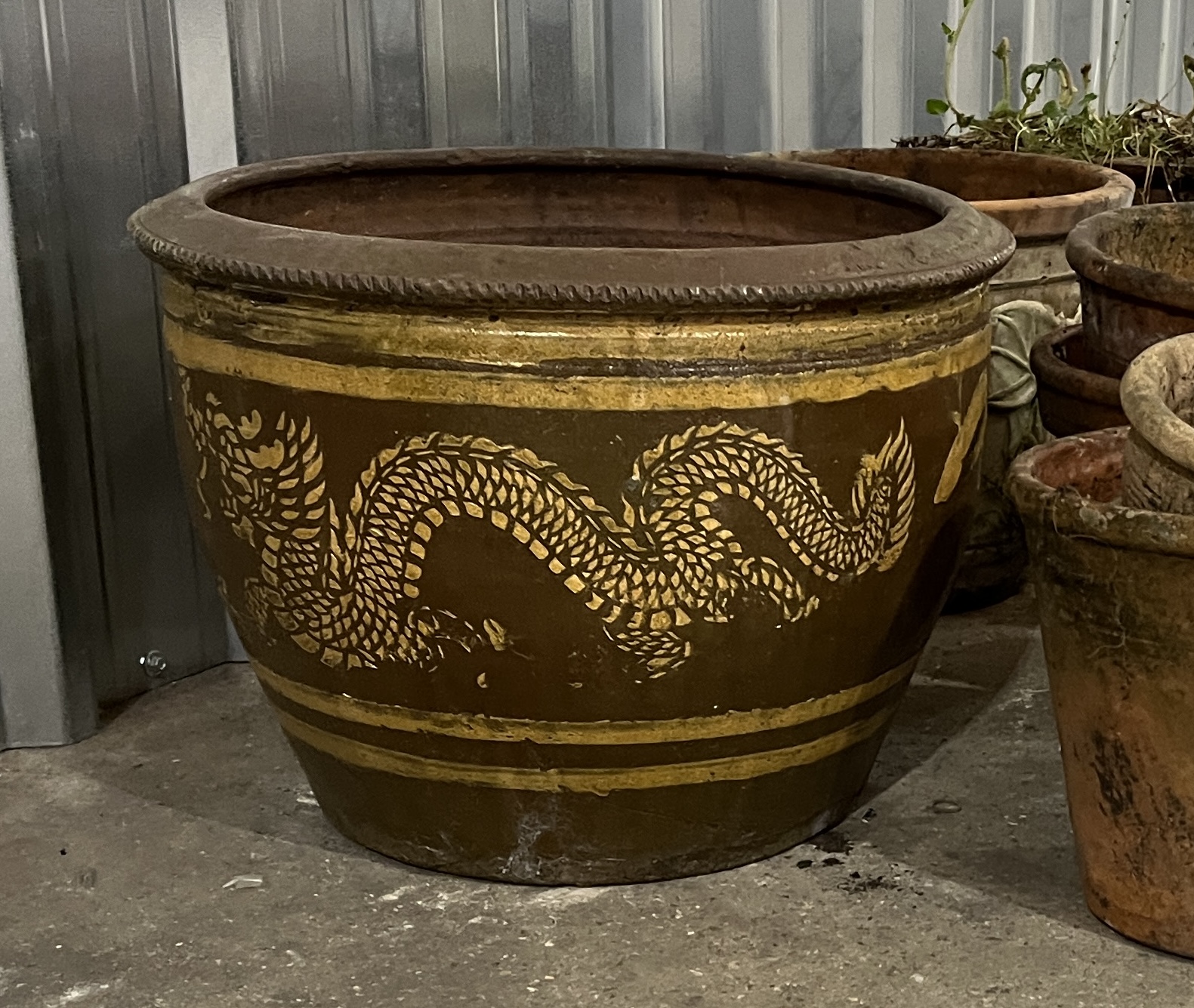 A collection of various terracotta pots along with a large earthenware planter with Chinese dragon - Image 3 of 4