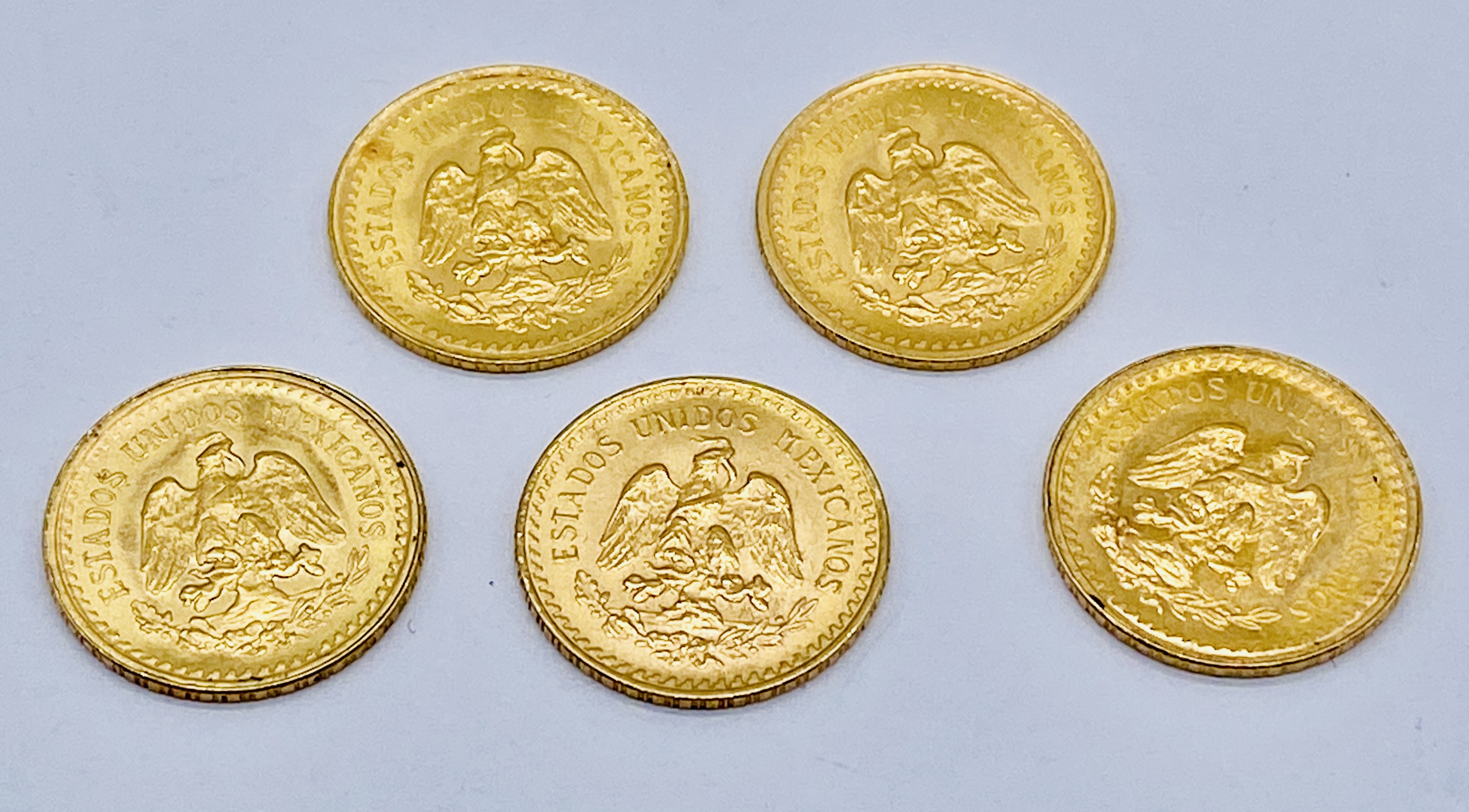 Five Mexican 2 1/2 Pesos gold coins, all dated 1945. total weight 10.5g - Image 2 of 2