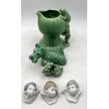 Three Lladro Cherub heads along with three Sylvac ceramics including No.1969 Pixies looking into a