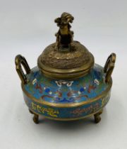 An antique Chinese cloisonne incense burner, with Fu dog finial - height 18cm