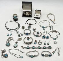 A collection of 925/Sterling silver Native American jewellery mainly set with turquoise