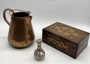 An antique marquetry box and copper jug along with a small Chinese famille rose vase