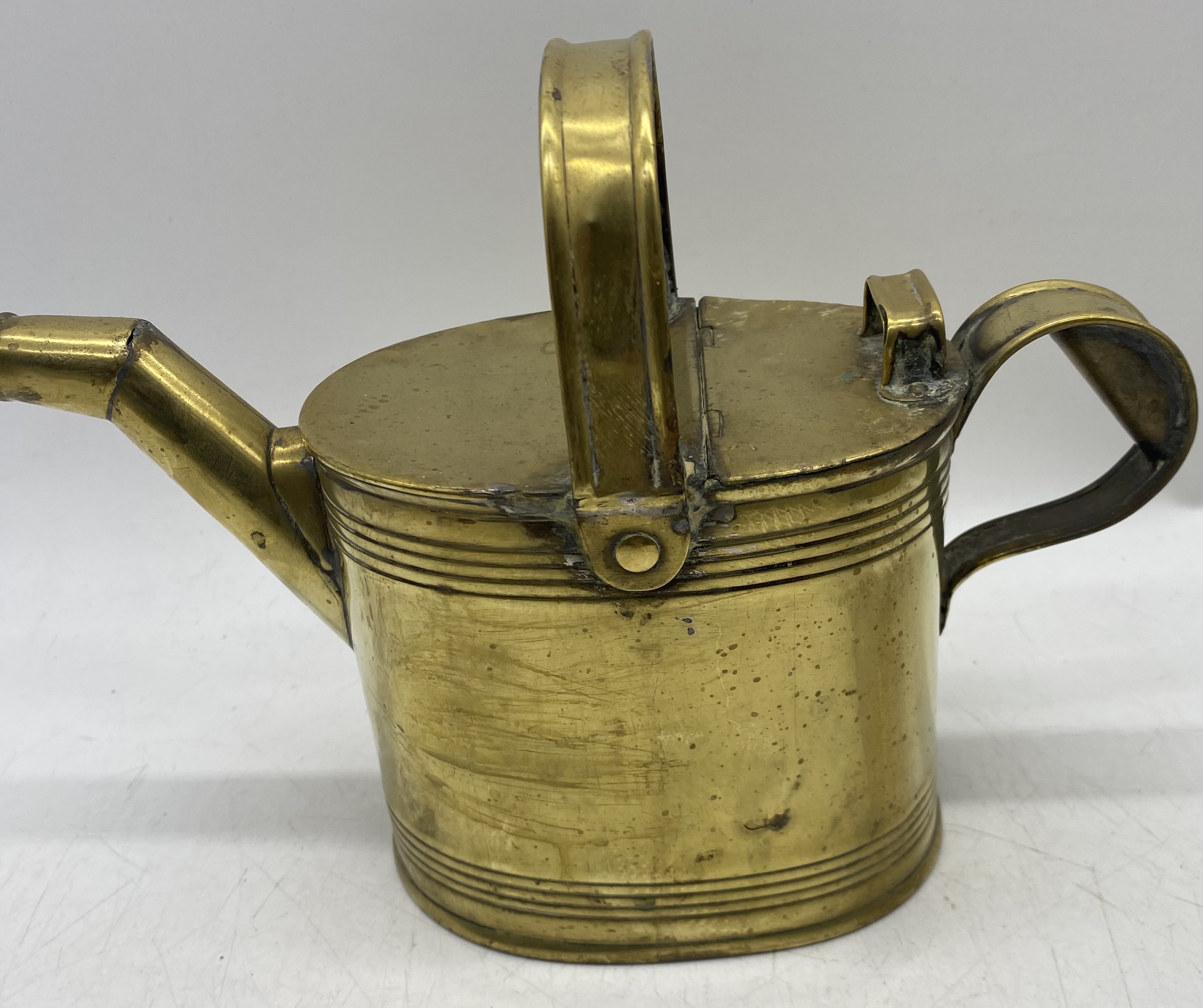A brass jam pan, two brass watering cans, saucepans etc. - Image 5 of 13