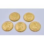 Five Mexican 2 Pesos gold coins all dated 1945, total weight 8.4g