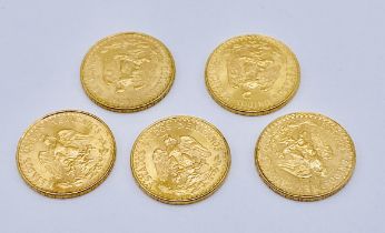 Five Mexican 2 Pesos gold coins all dated 1945, total weight 8.4g