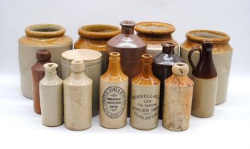 A collection of various stoneware jars and bottles, including some named to 'Marlborough Aerated