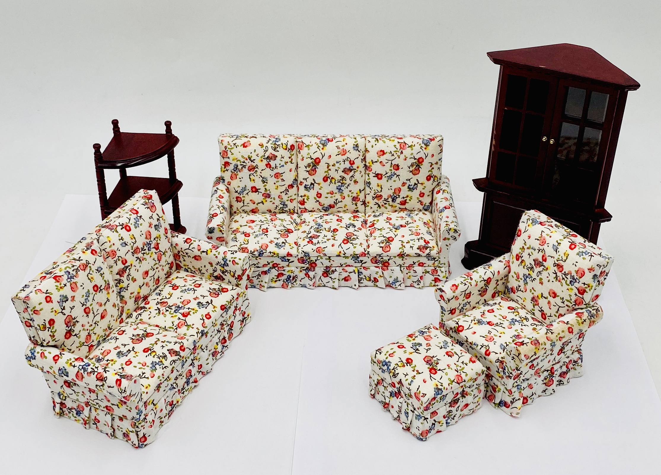 A collection of dolls house furniture including a floral three-piece suite, dining table and chairs, - Image 3 of 6
