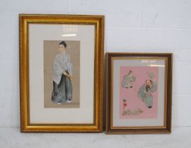 A gilt framed Japanese painting on silk of a traditional character, along with a framed Japanese