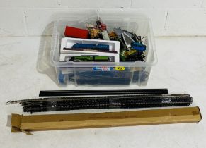 A collection of model railway OO gauge track, along three models of steam locomotives, Thomas The