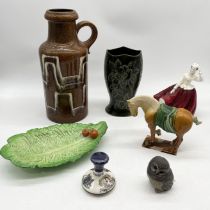 A collection of china including Poole Pottery owl, Royal Doulton "Gail", Tang style horse, Western