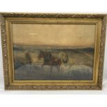 A gilt framed watercolour of a man leading two horses signed Arthur C Palmer, 44cm x 62cm